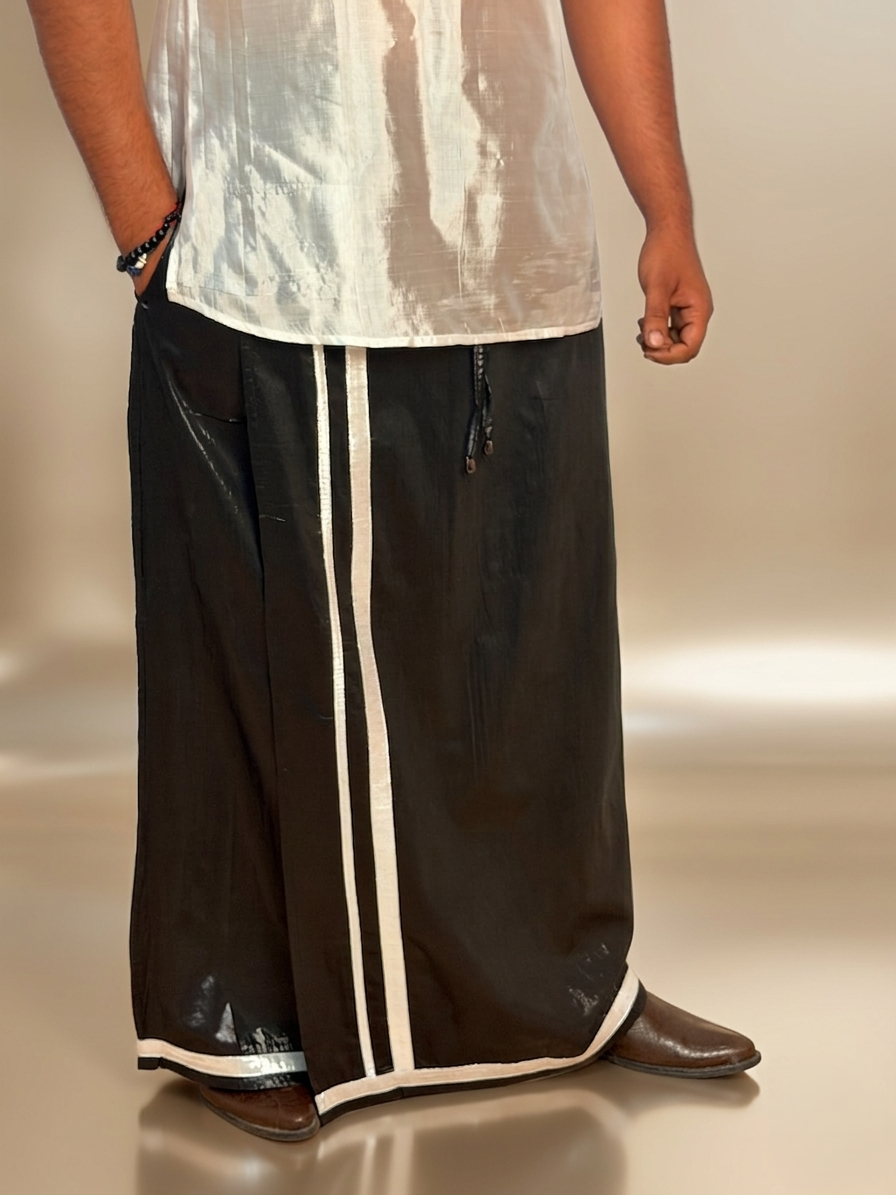 Men Black zari pajamalungi  With Silver Zari Stripe - Disco Pajamalungi