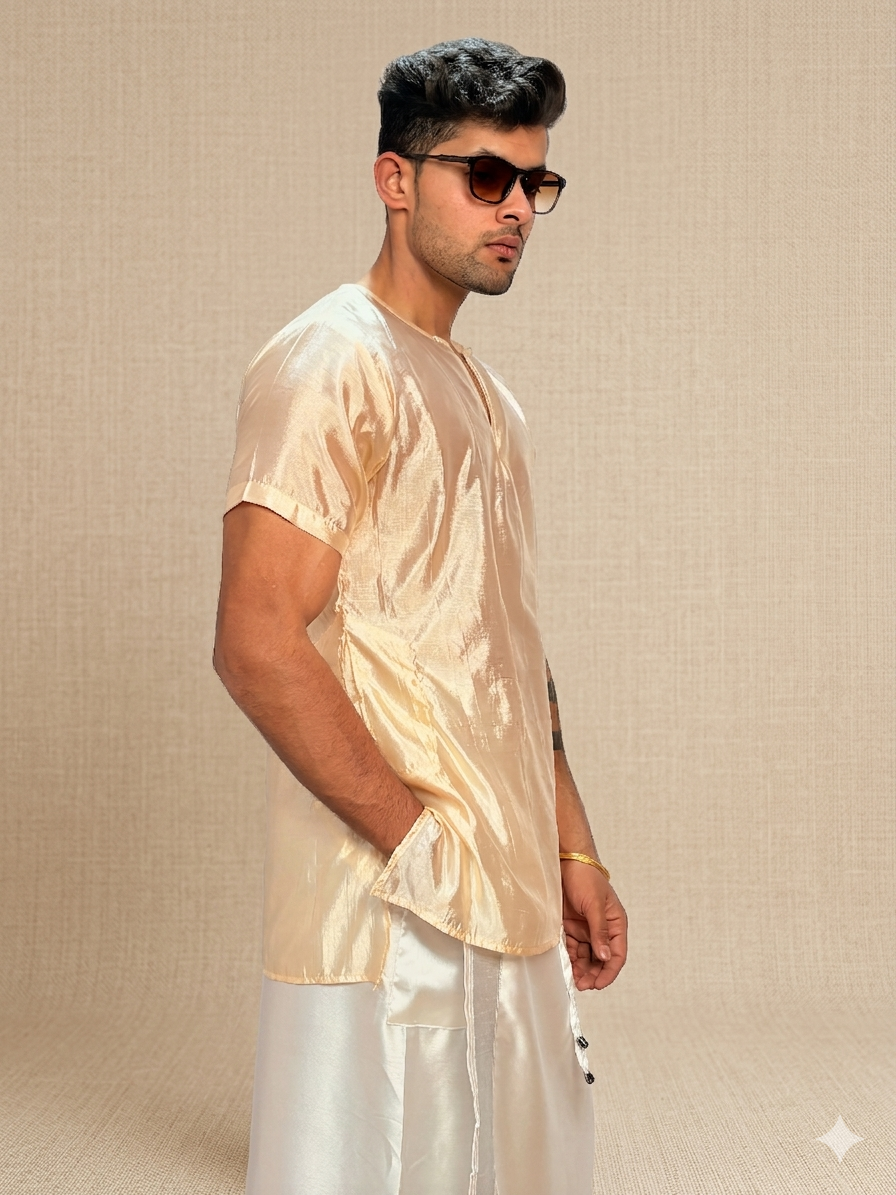 Men Light Gold Colour Silk Kurta