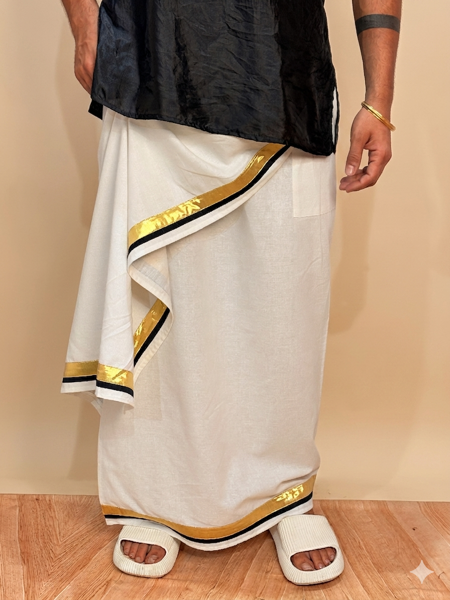 Men White Color With Golden Zari & Black Stripe Pajamalungi
