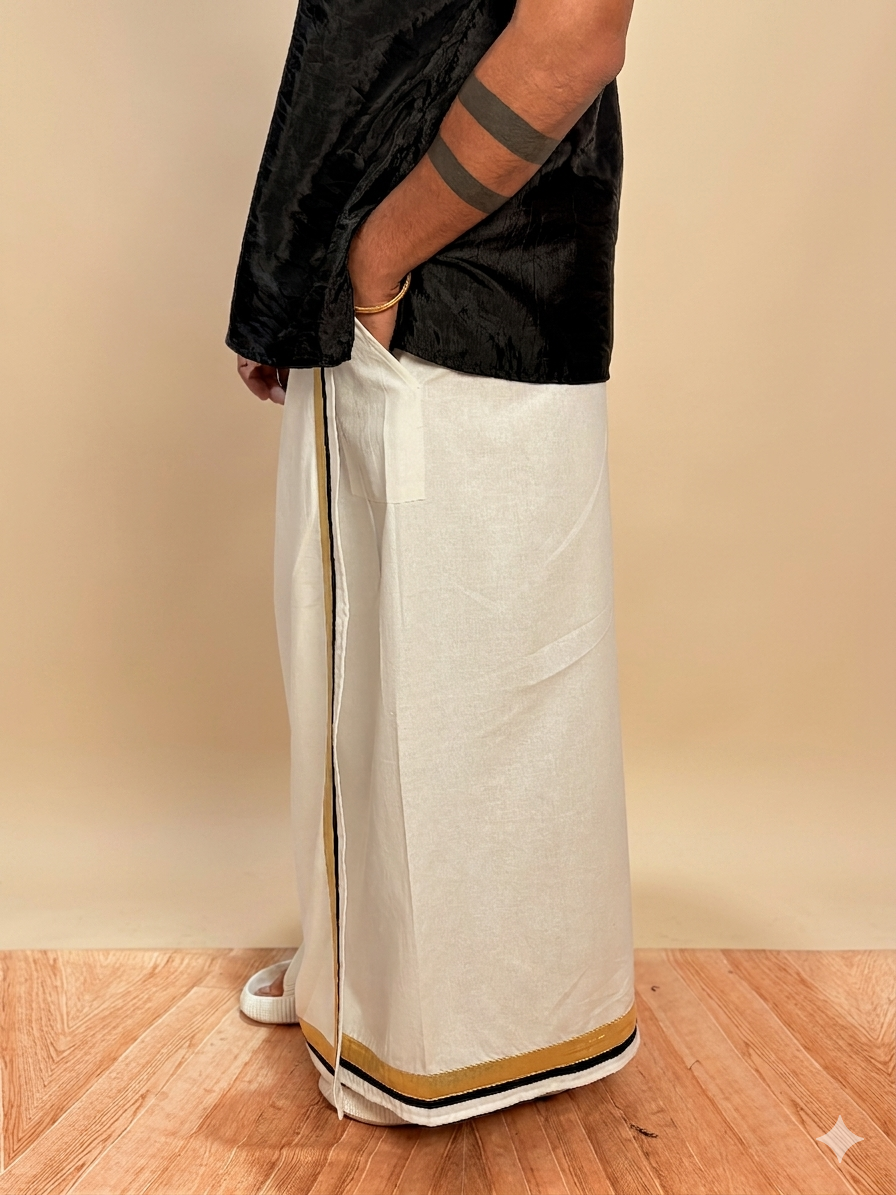Men White Color With Golden Zari & Black Stripe Pajamalungi