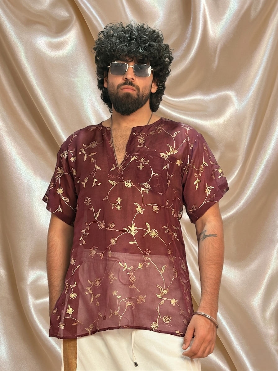Men Wine Colour Viscose Organza Foil Print Kurta