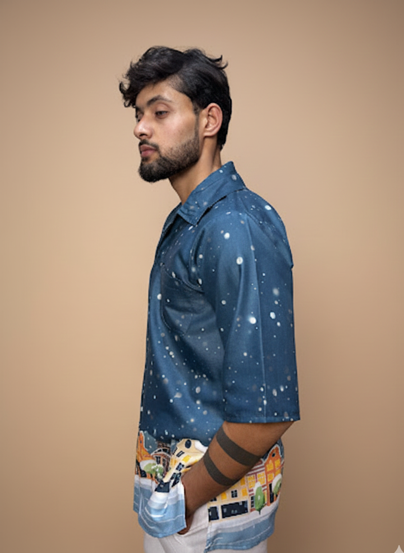 Men  Blue Snow-City Print Printed Kurta