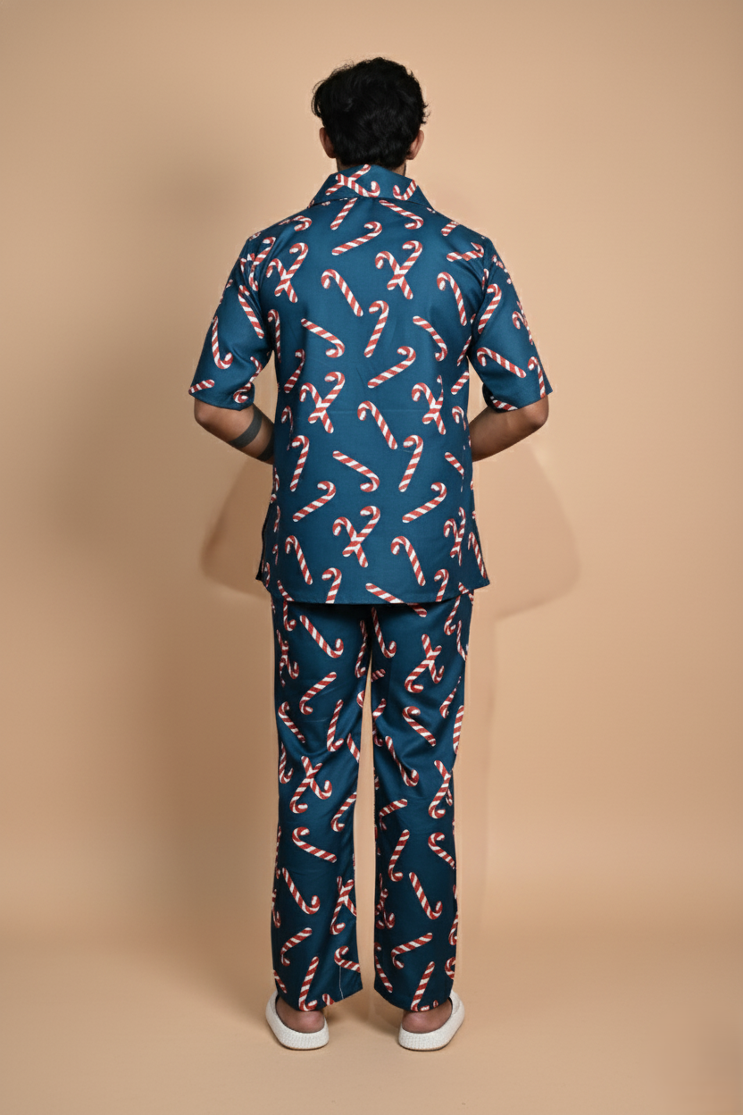 Dark Teal Candy Cane Digital Print Pajama For Men