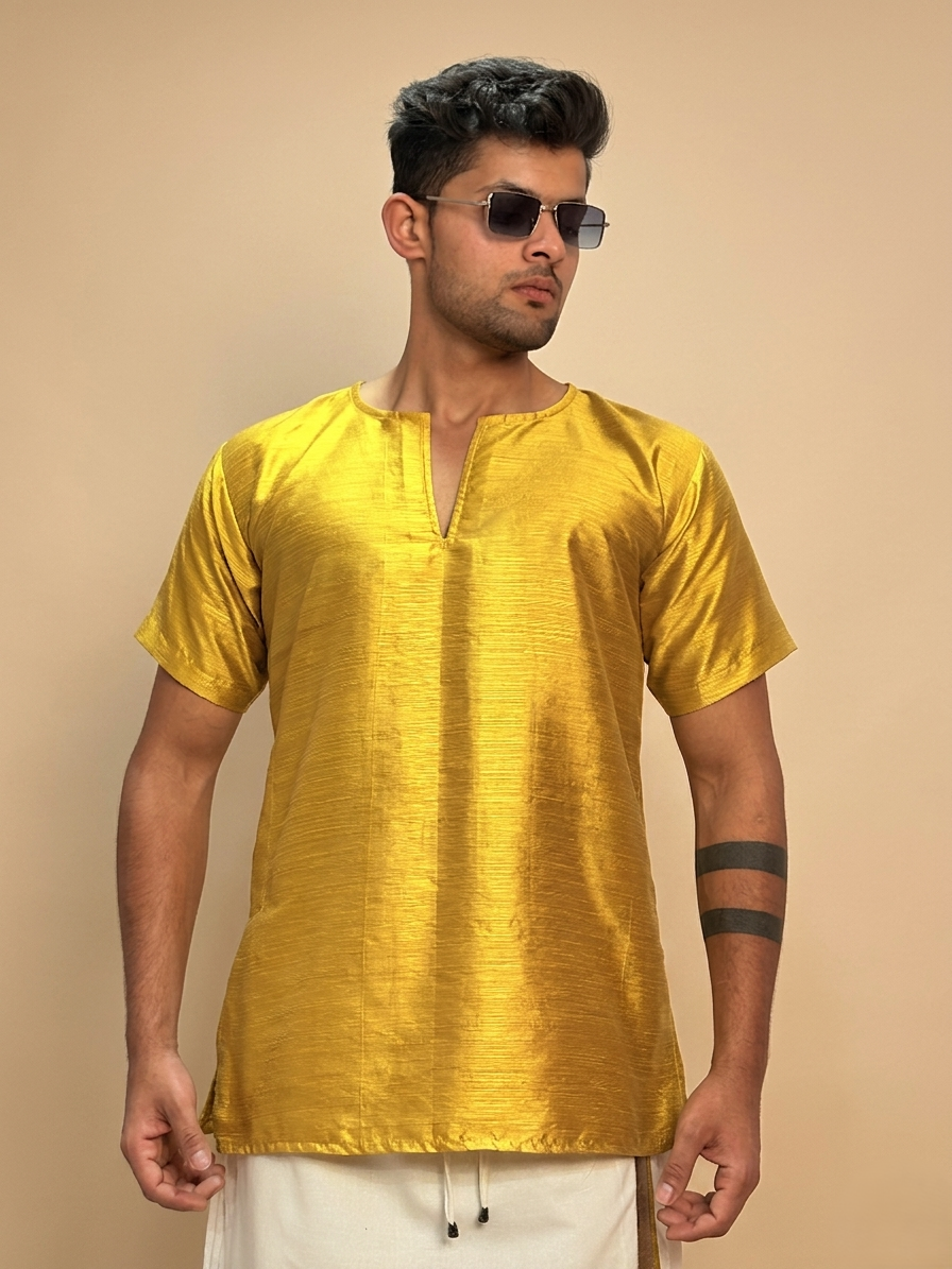 Men Mustard Yellow  Colour Mulberry Silk Kurta.