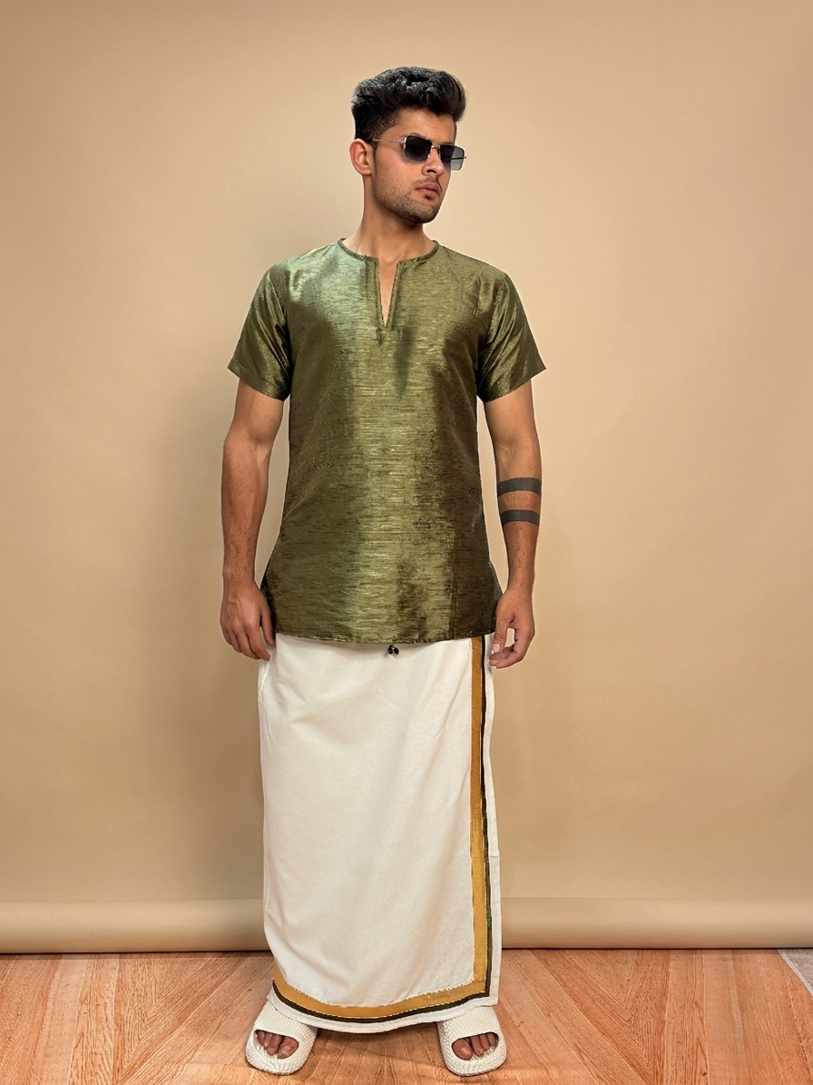 Men Olive Green  Colour Mulberry Silk Kurta.
