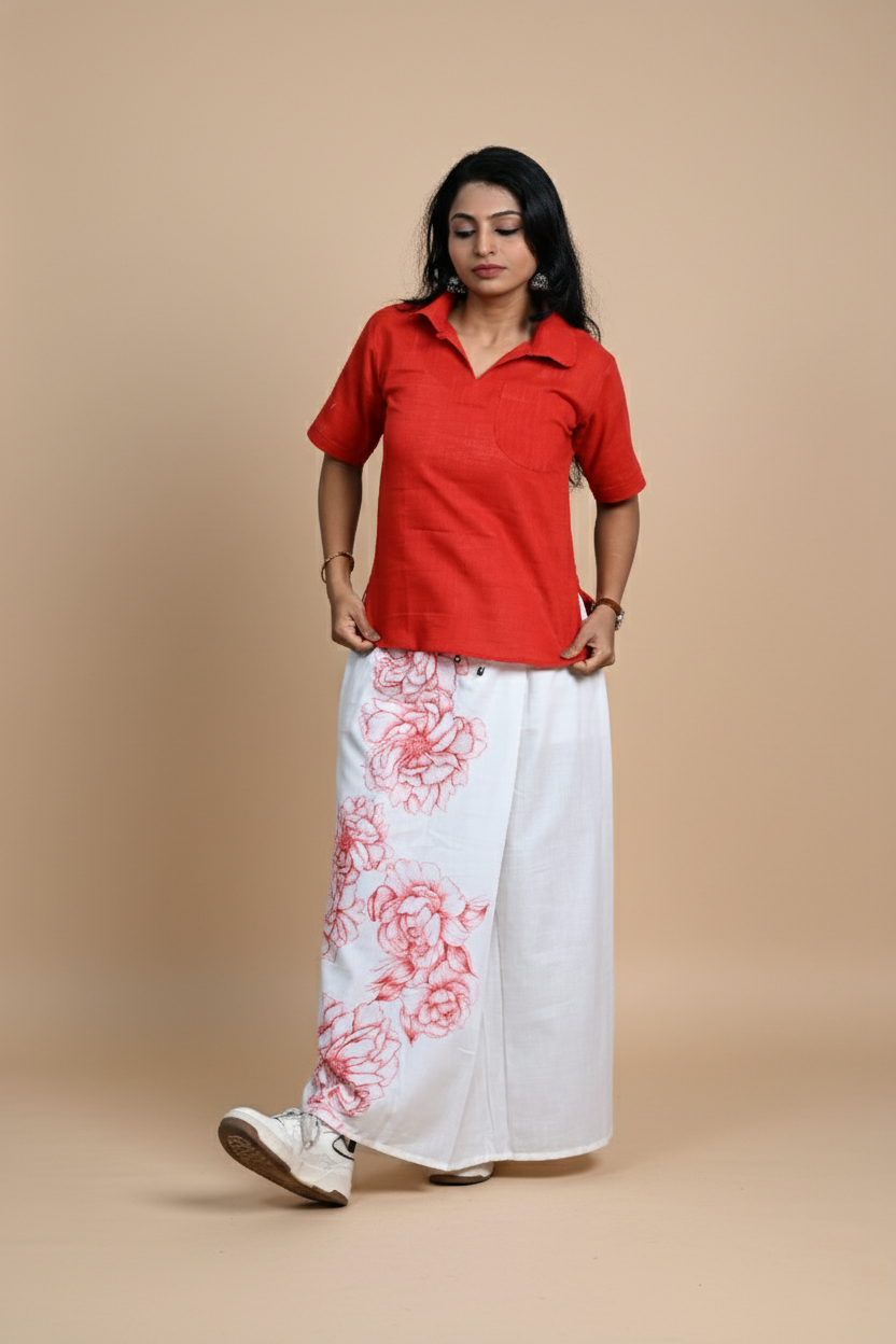 Women Red Big Flower Printed Pajamalungi