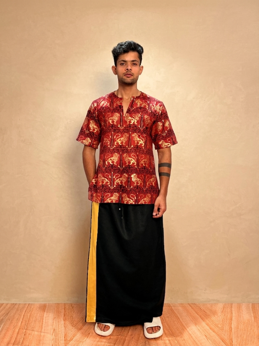 Mens short sleeve v neck royal lion foil print Kurta