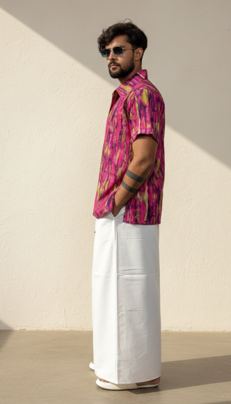 Men's White Cotton Pajamalungi with Vertical Contrast Stripe