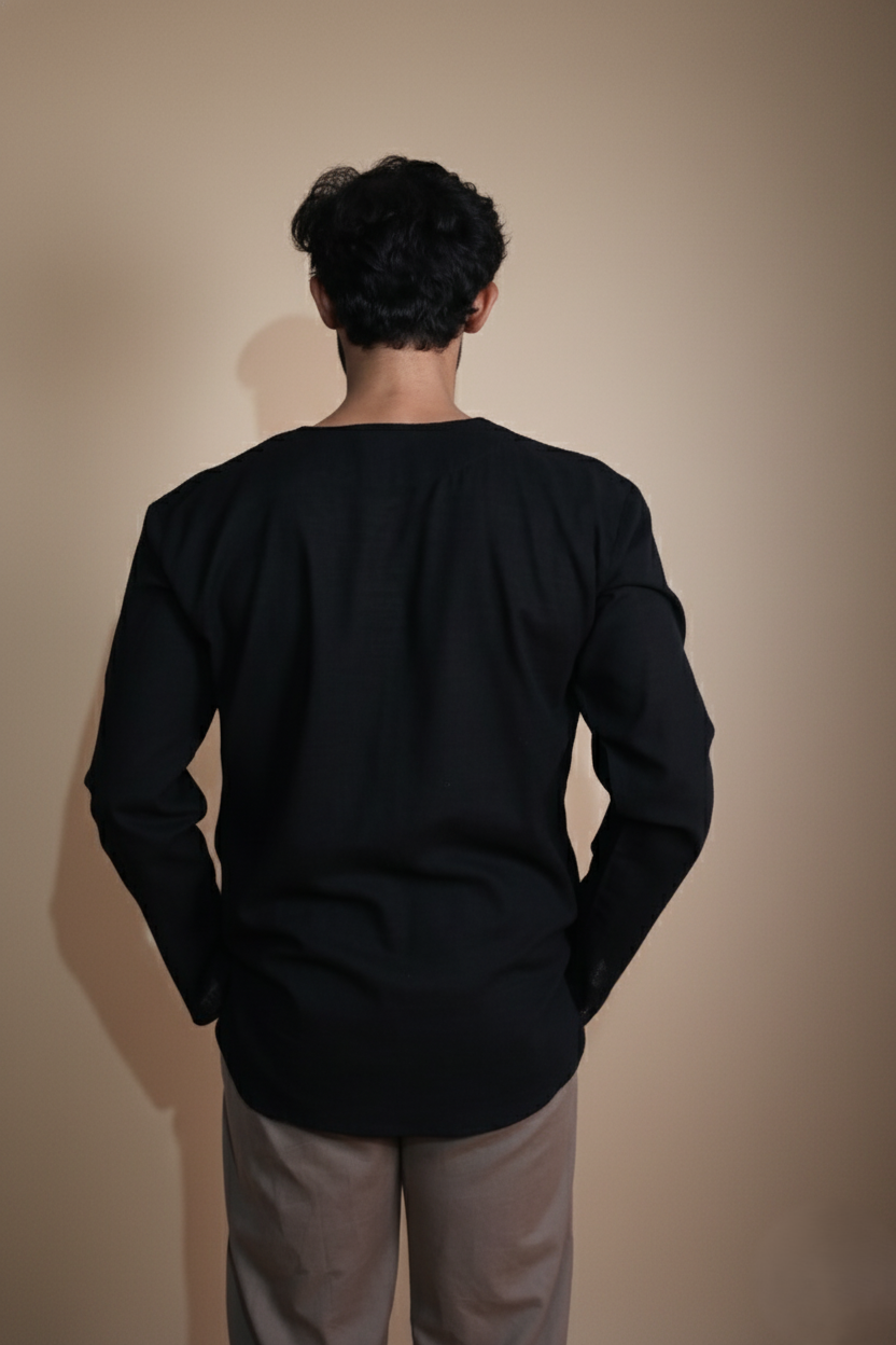 Cotton Black Color Full Sleeve Kurta For Men