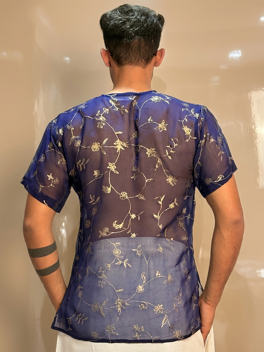Men Navy Blue Colour Viscose Organza Foil Print Kurta