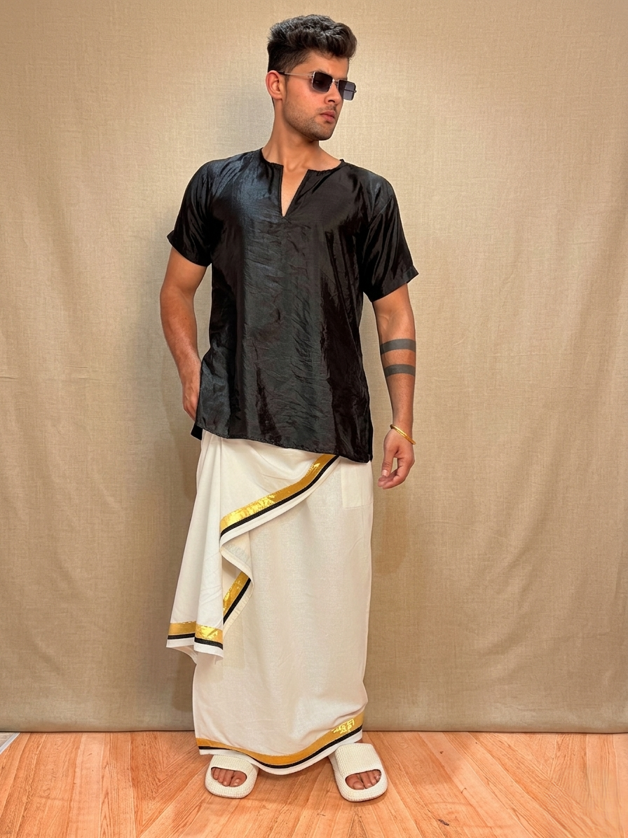 Men Black Colour Silk Kurta.