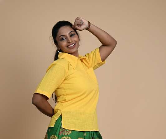 Women Solid Yellow Halfsleeve Kurti