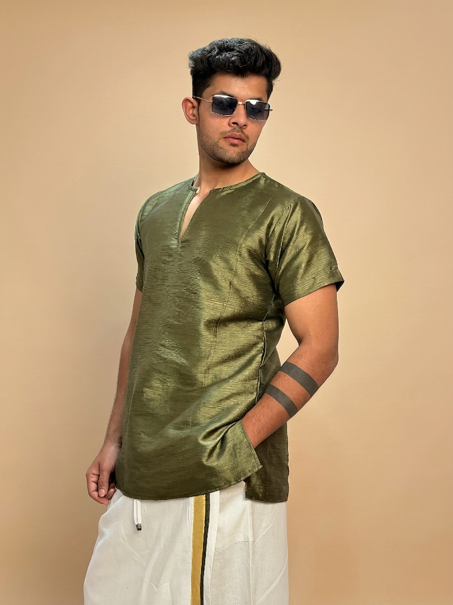 Men Olive Green  Colour Mulberry Silk Kurta.