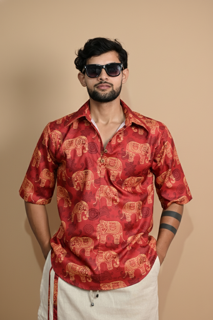 Elephant Digital Print Kurta Shirt For-Men's