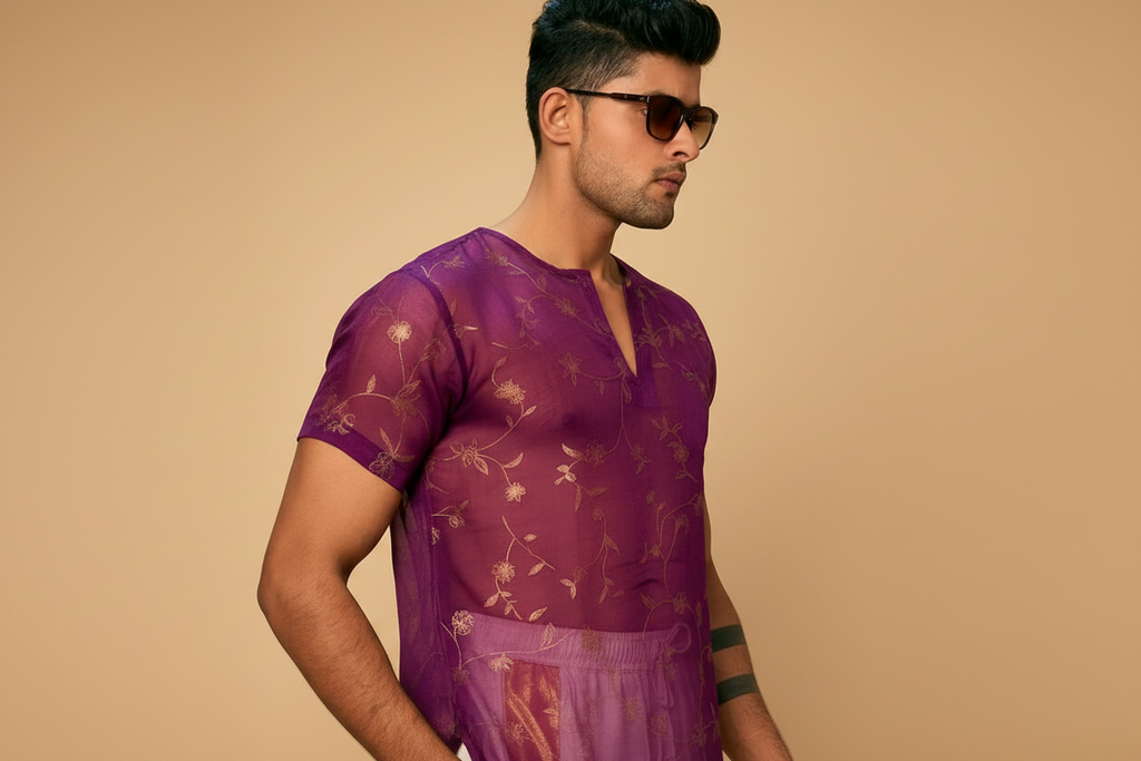 Men Purple Colour Viscose Organza Foil Print Kurta