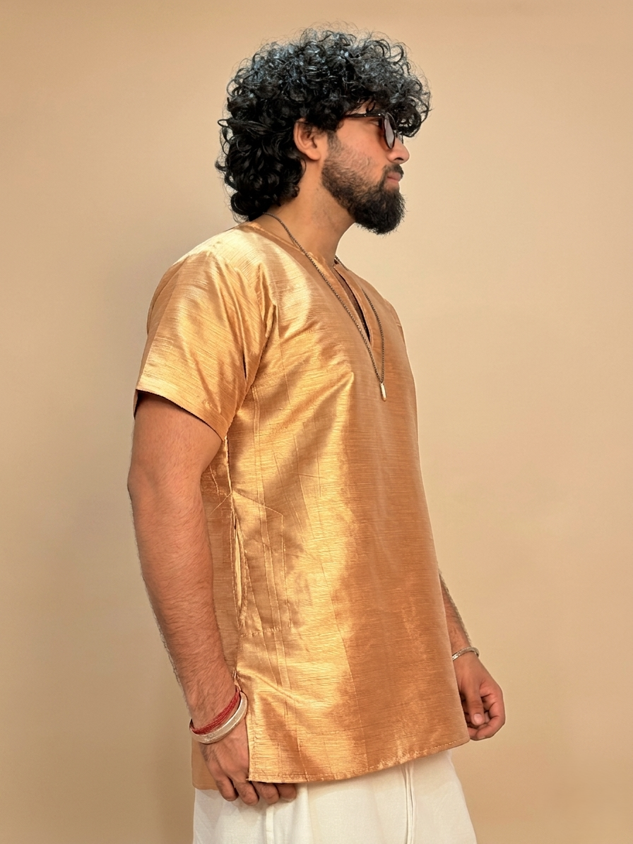 Men Golden Colour Mulberry Silk Kurta.