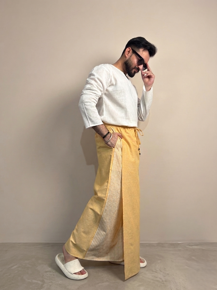 Men Yellow Color Pajamalungi With Yellow Stripe Panel