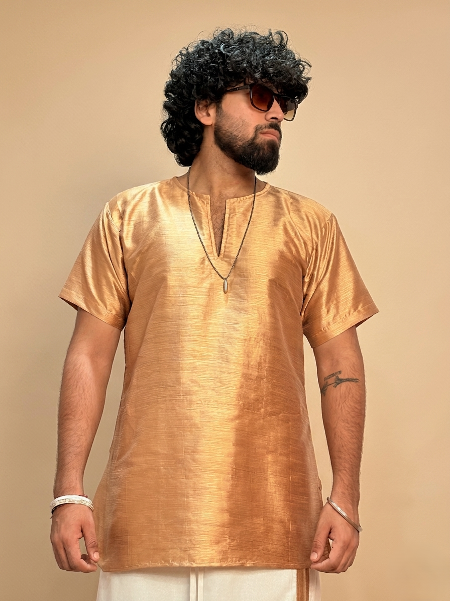 Men Golden Colour Mulberry Silk Kurta.