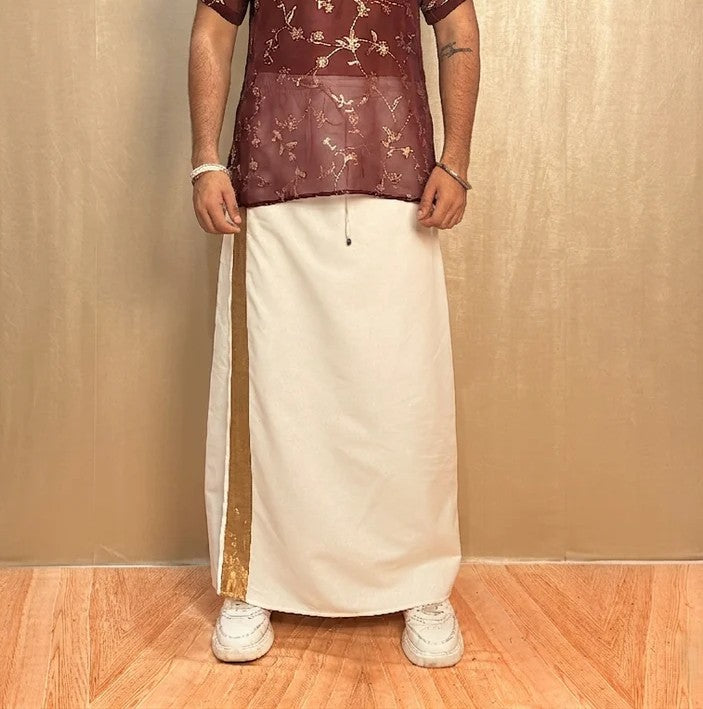 Men White Color With Copper Zari Stripe Pajamalungi