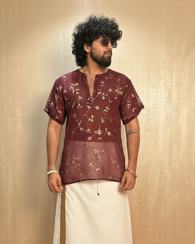 Men Wine Colour Viscose Organza Foil Print Kurta
