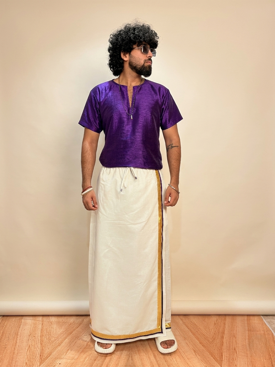 Men White Color With Golden Zari & Purple Stripe Pajamalungi