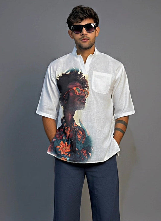 Men’s Half Sleeve Kurta– Afro Sunglasses Print (White)
