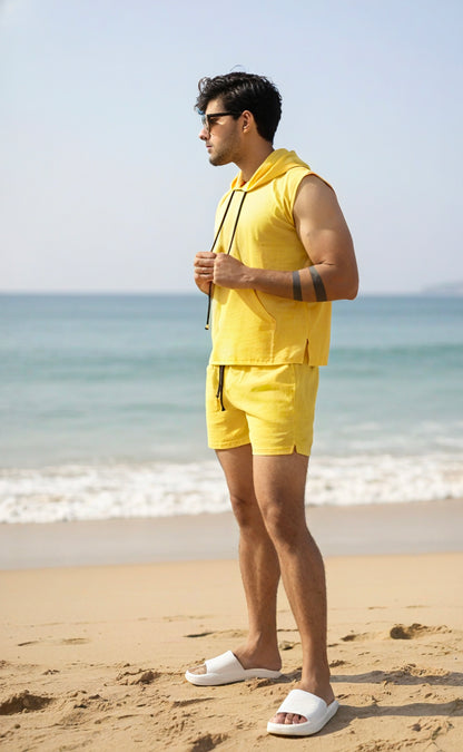 Yellow Sleeveless Beach Hoodie Co-ord Set for Men – Limited Edition