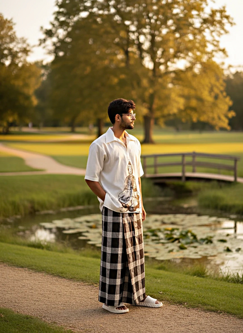 Black and white check pajamalungi for men