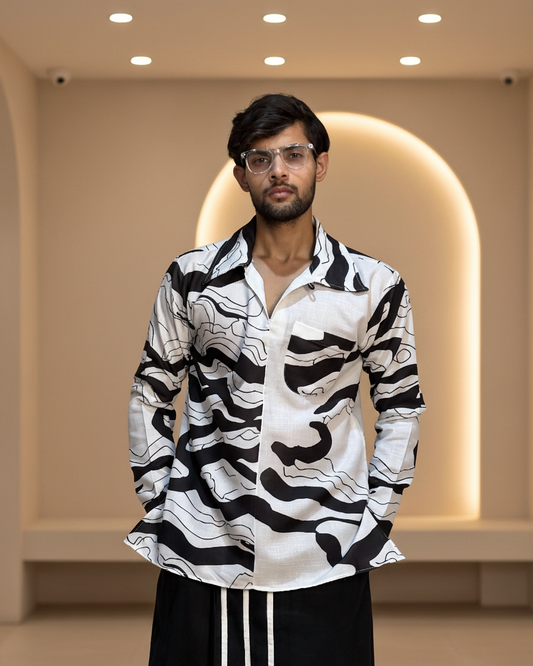 Black and white wave design print kurta for men's