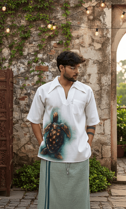 Turtle Print White Half Sleeve Kurta for Men