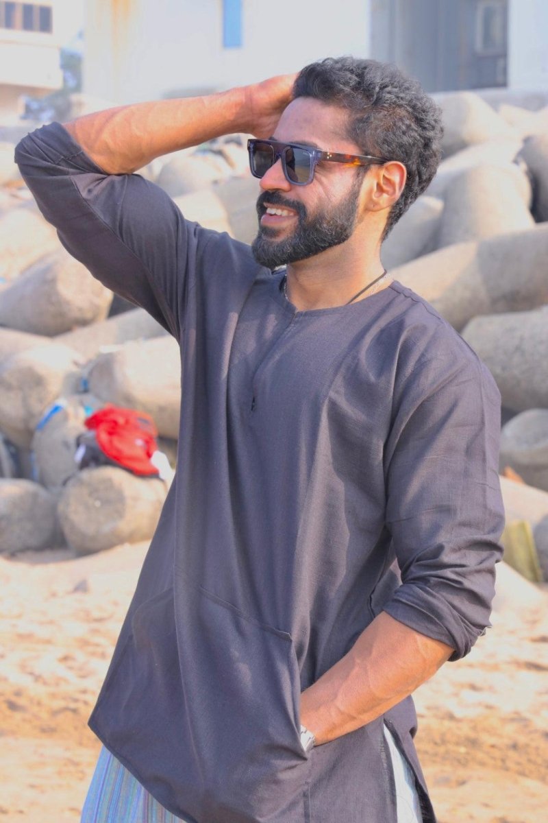 Black Cotton Kurta - Nirmal Online