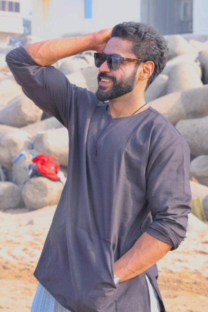 Black Cotton Kurta - Nirmal Online