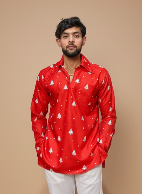 Men Red Christmas-Tree Pattern Kurta