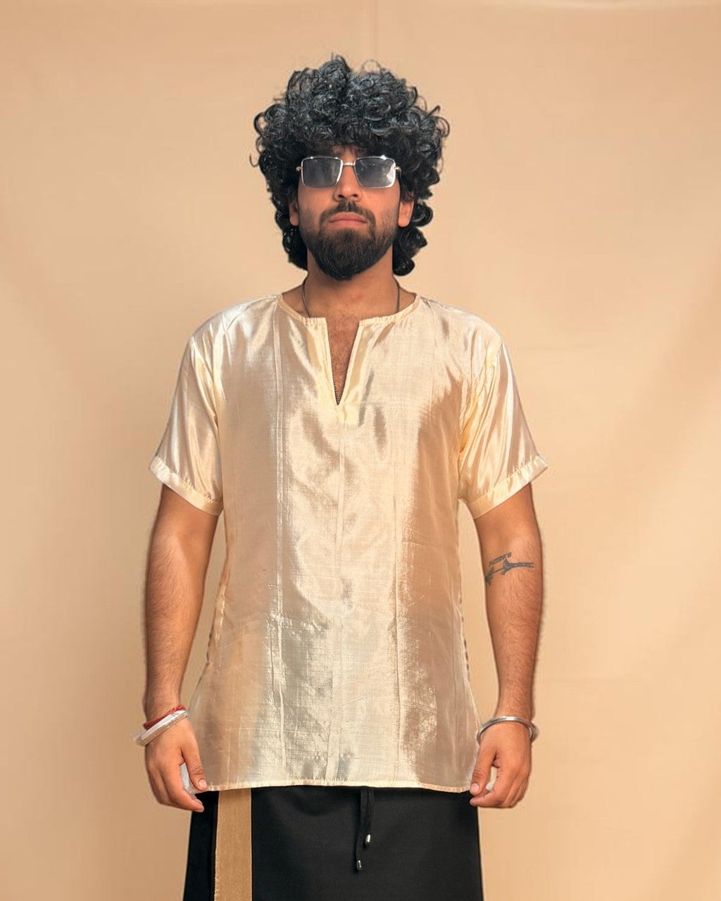 Men Light Gold Colour Silk Kurta