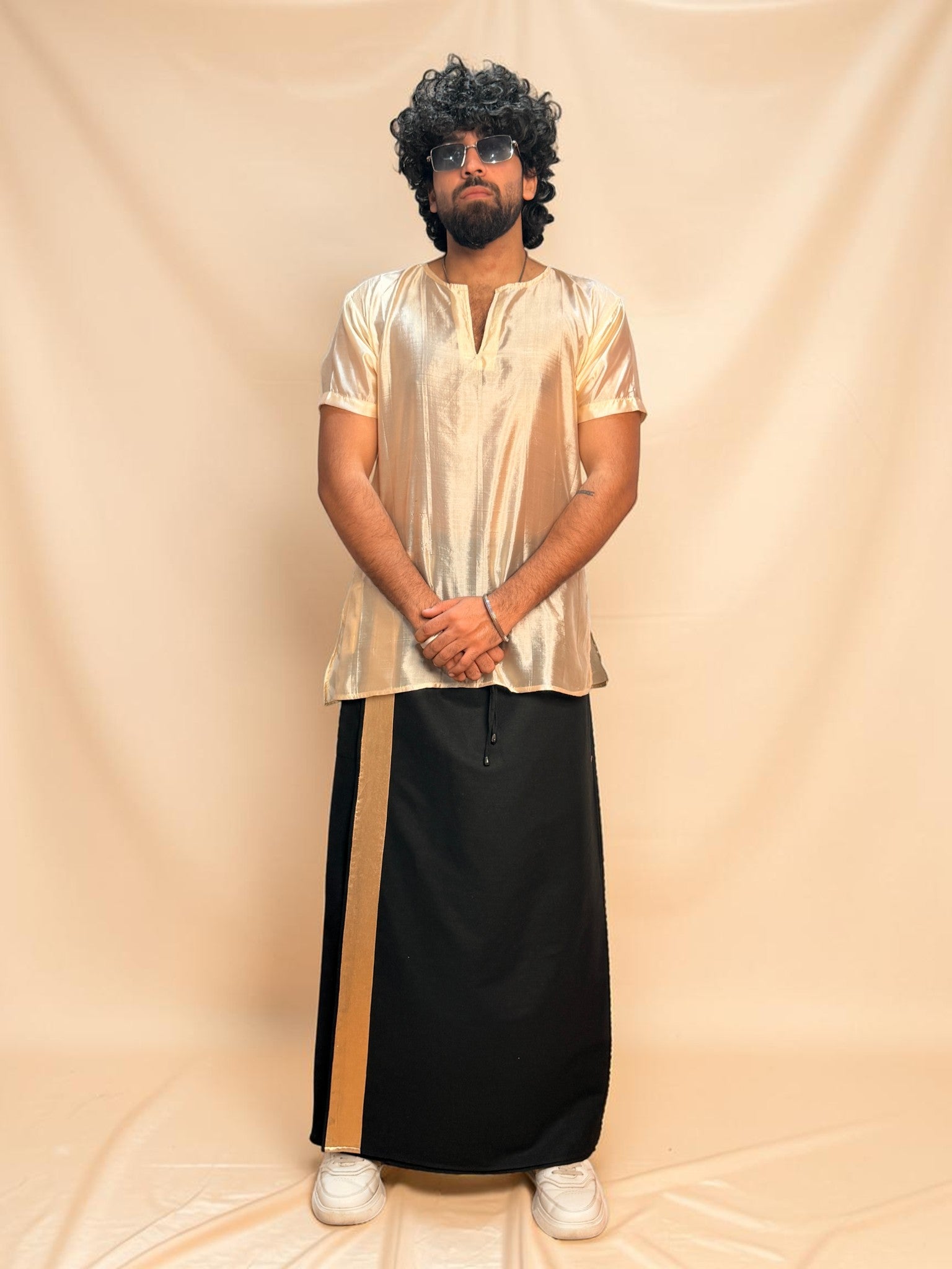 Men Black Color With Light Golden Zari Stripe Pajamalungi