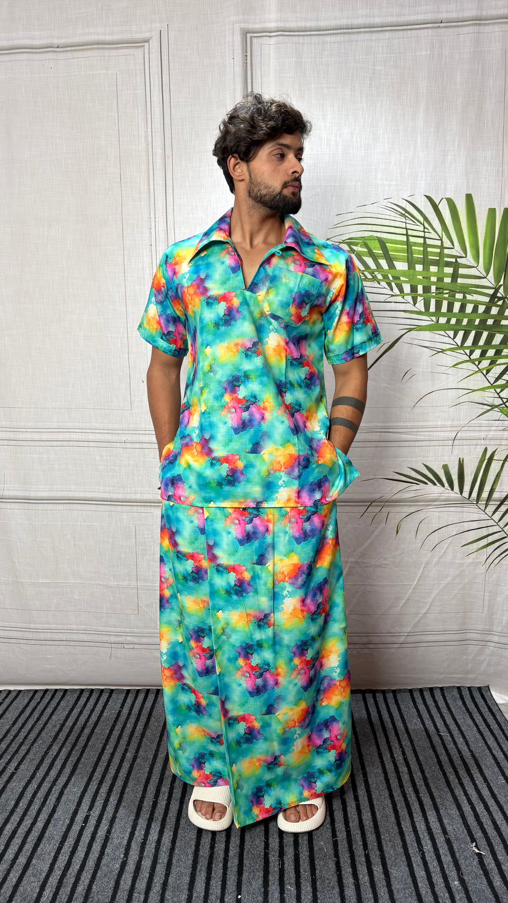 Men Short Sleeve Shirt-Collar Abstract Print Kurta