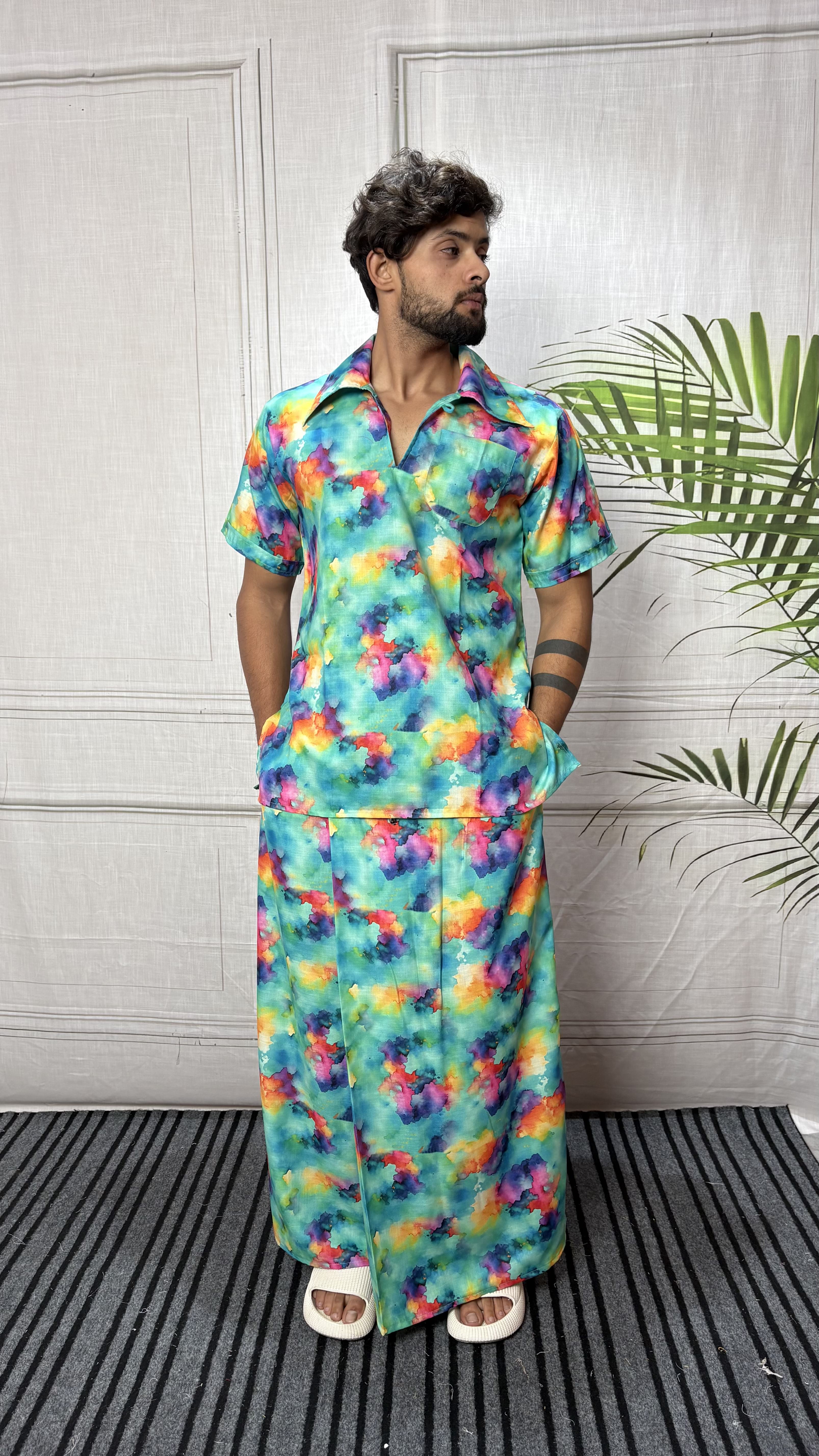 Men Short Sleeve Shirt-Collar Abstract Print Kurta