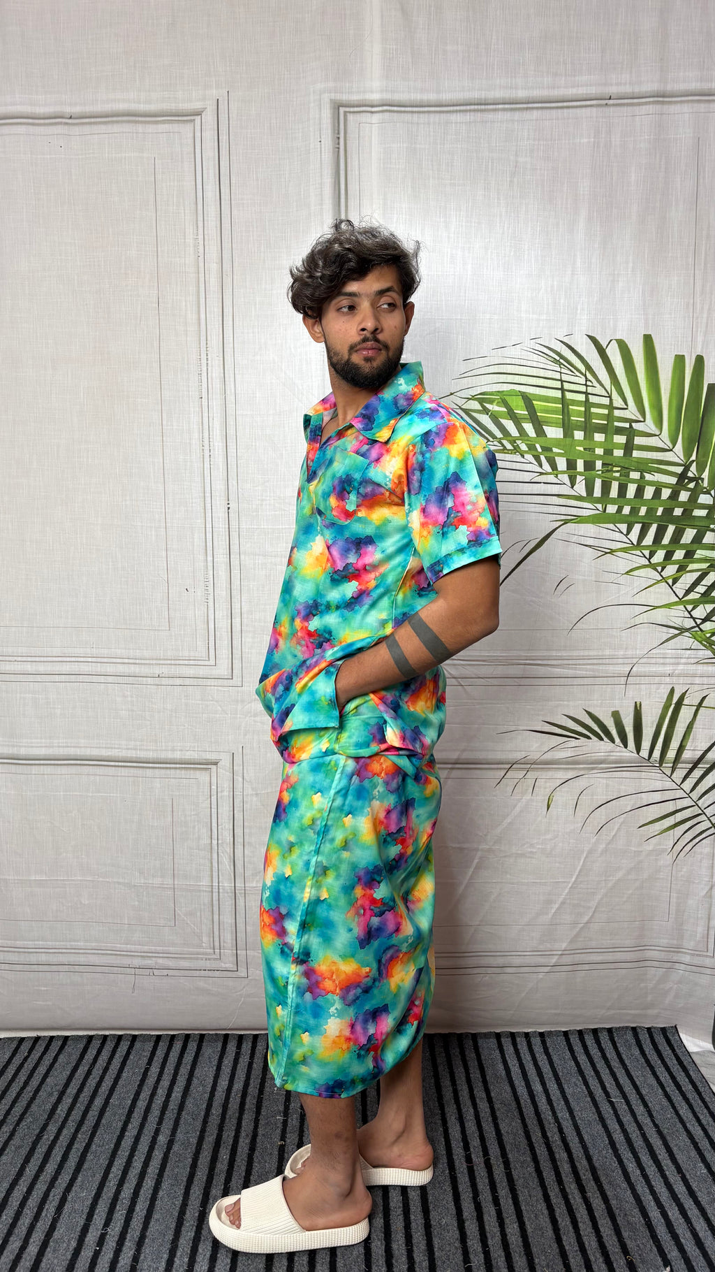 Men Short Sleeve Shirt-Collar Abstract Print Kurta