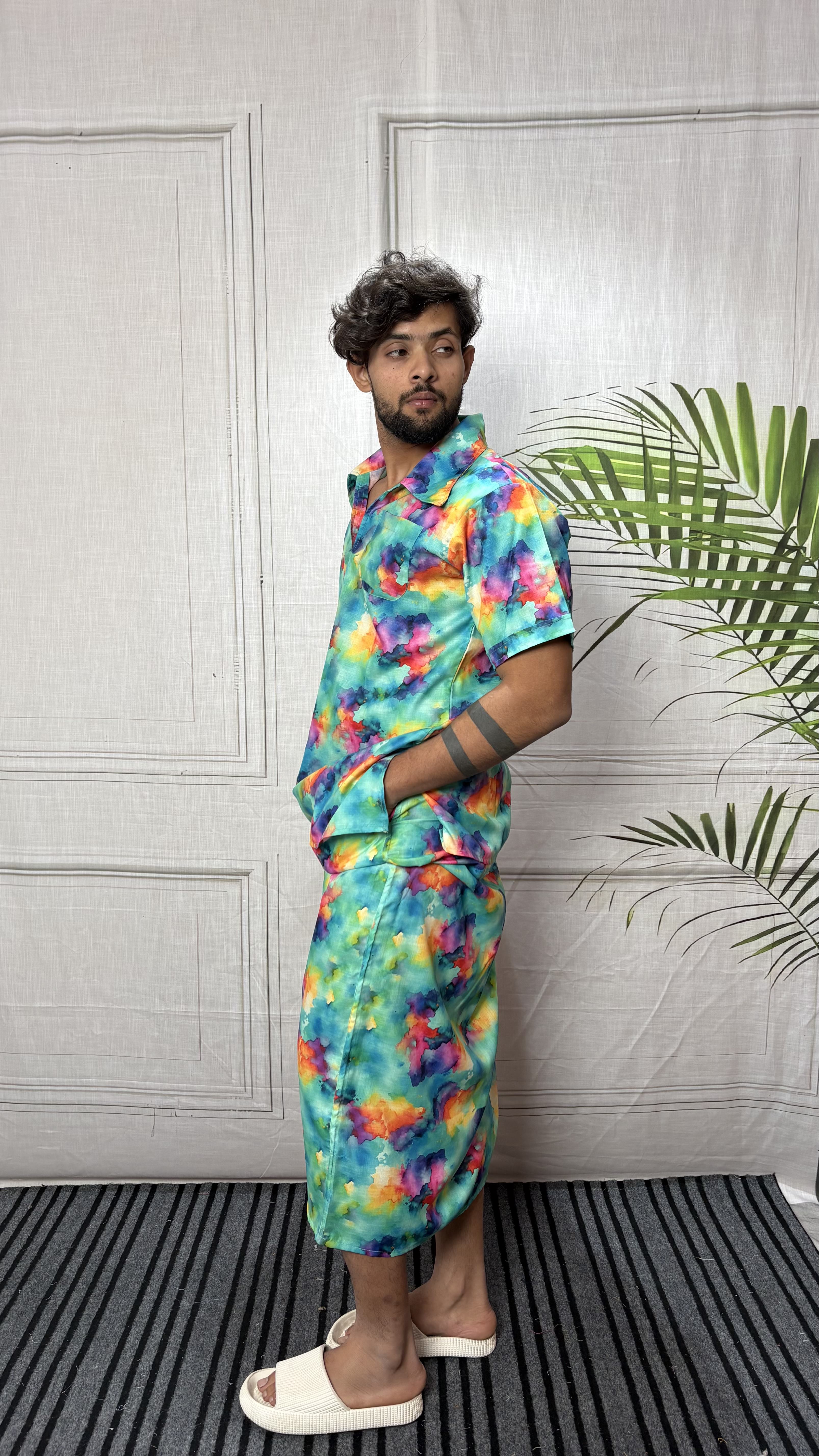 Men Short Sleeve Shirt-Collar Abstract Print Kurta