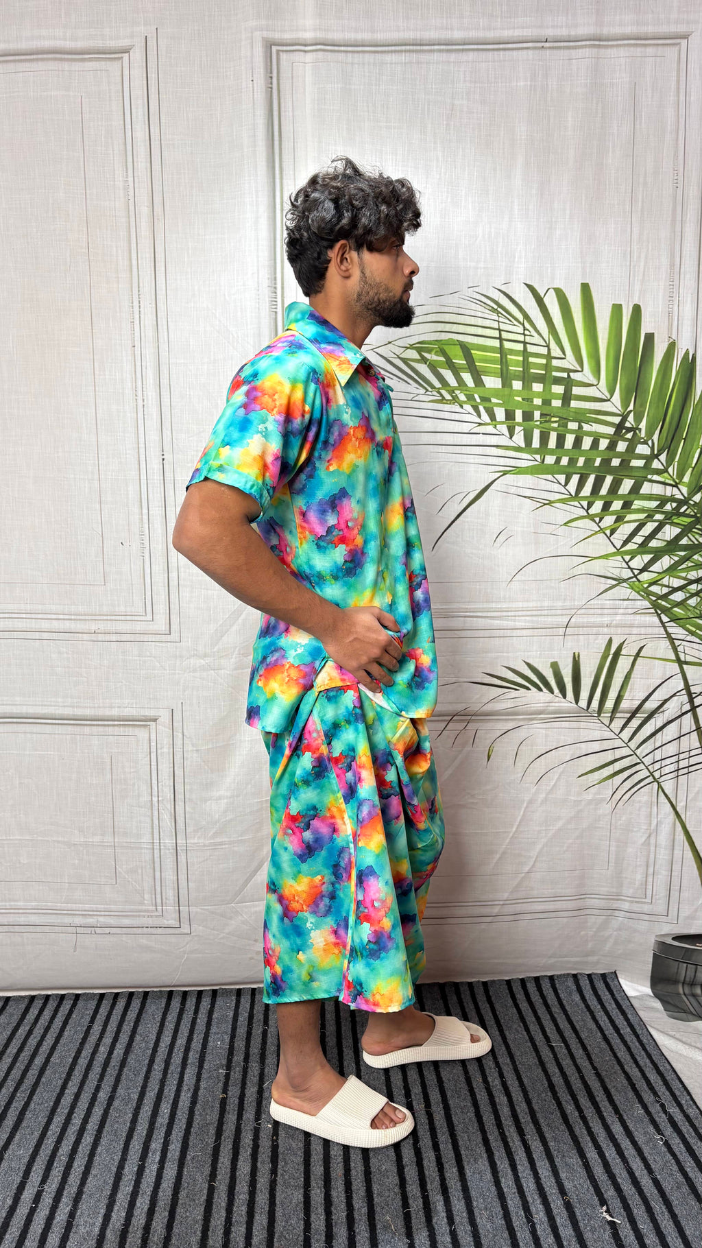 Men Short Sleeve Shirt-Collar Abstract Print Kurta
