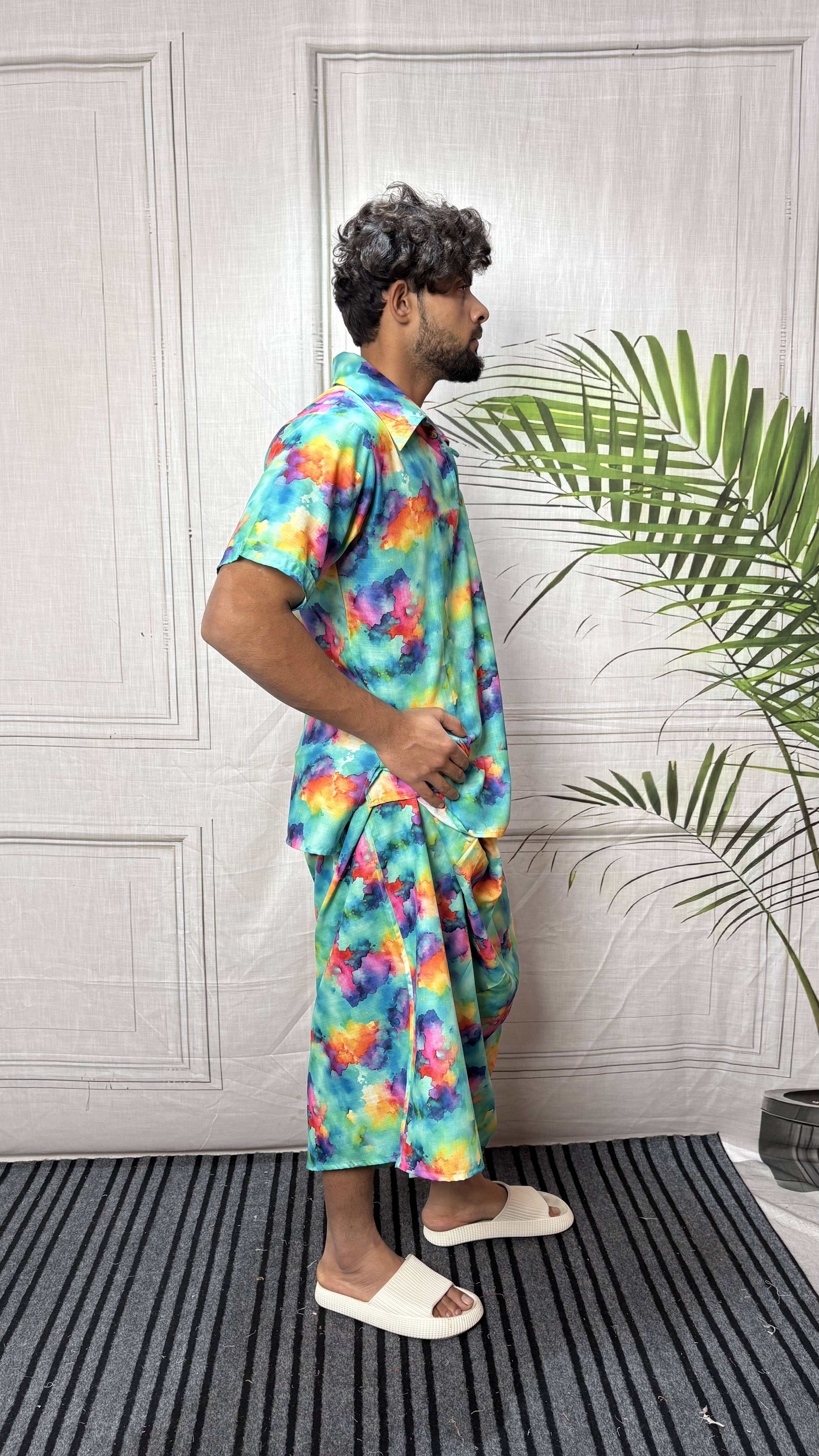 Men Short Sleeve Shirt-Collar Abstract Print Kurta