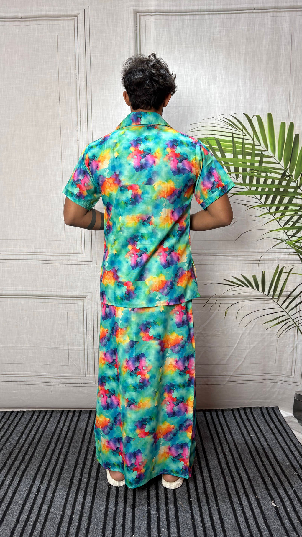 Men Short Sleeve Shirt-Collar Abstract Print Kurta