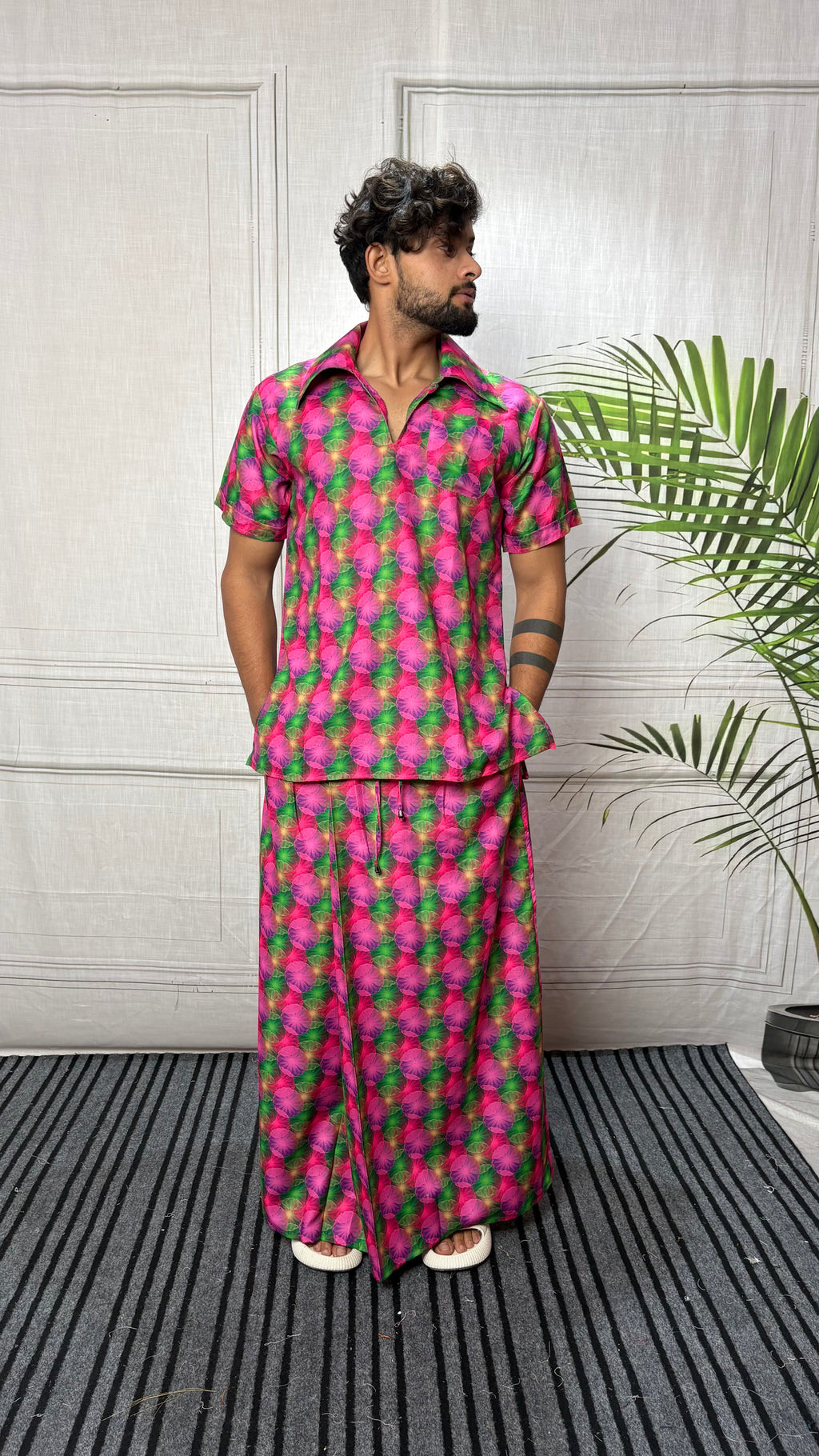 Men Geometric Floral Motif Print Pajamalungi