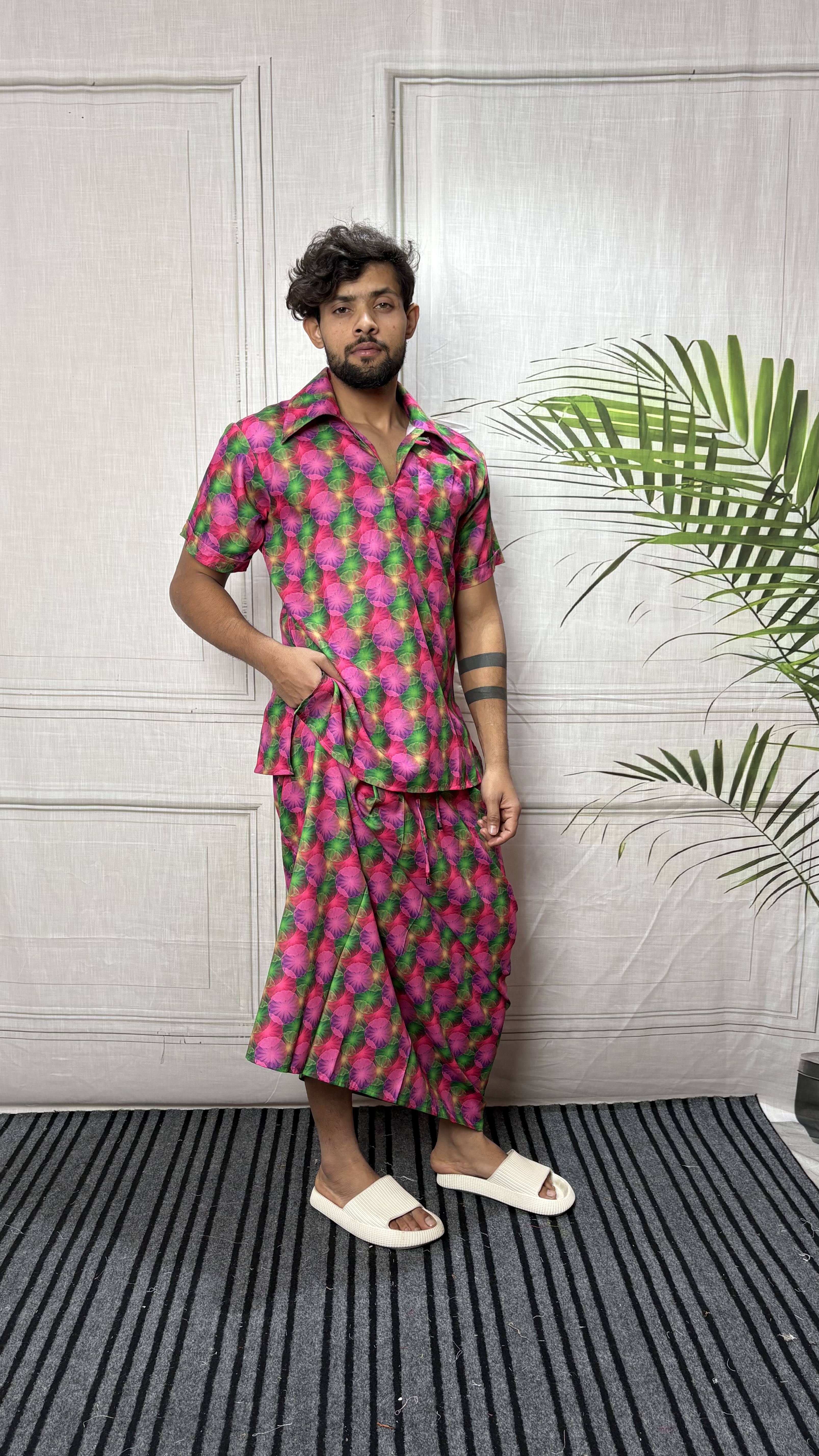Men Geometric Floral Print Shirt-Collar Kurta