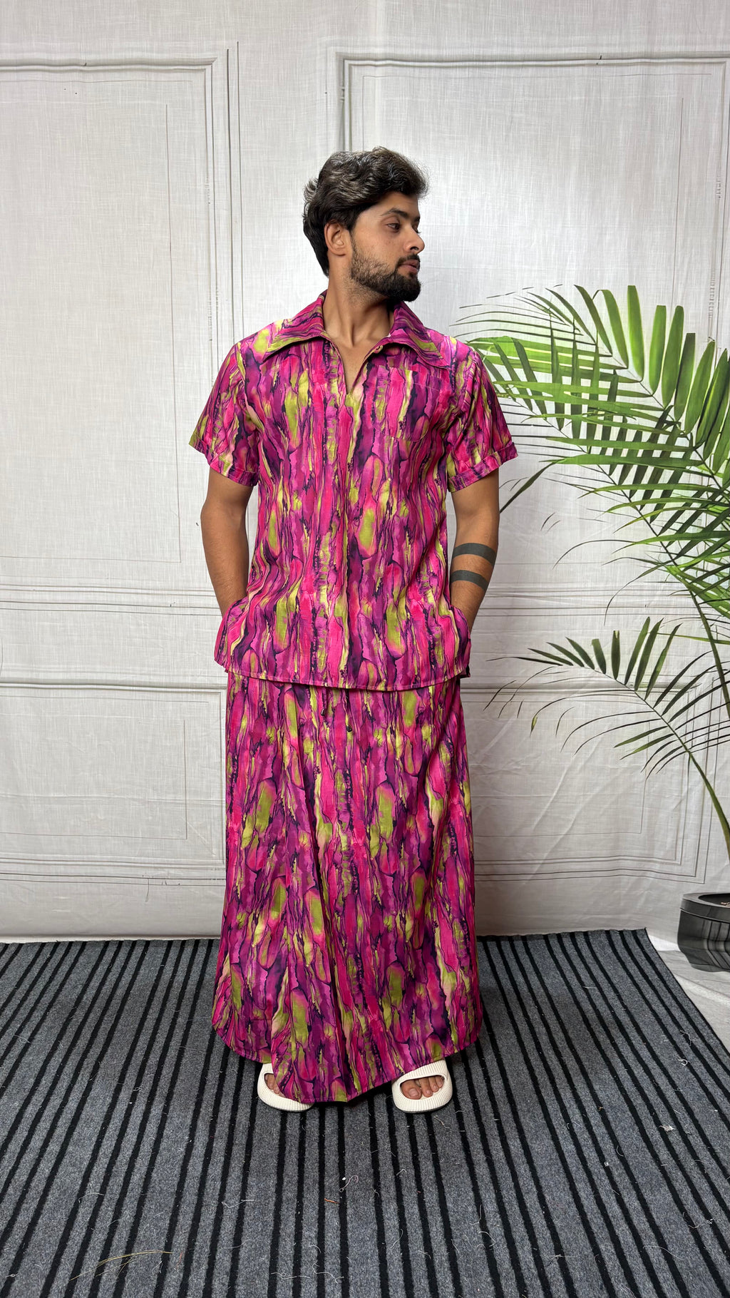 Men Marble Effect Abstract Print Shirt-Collar Kurta