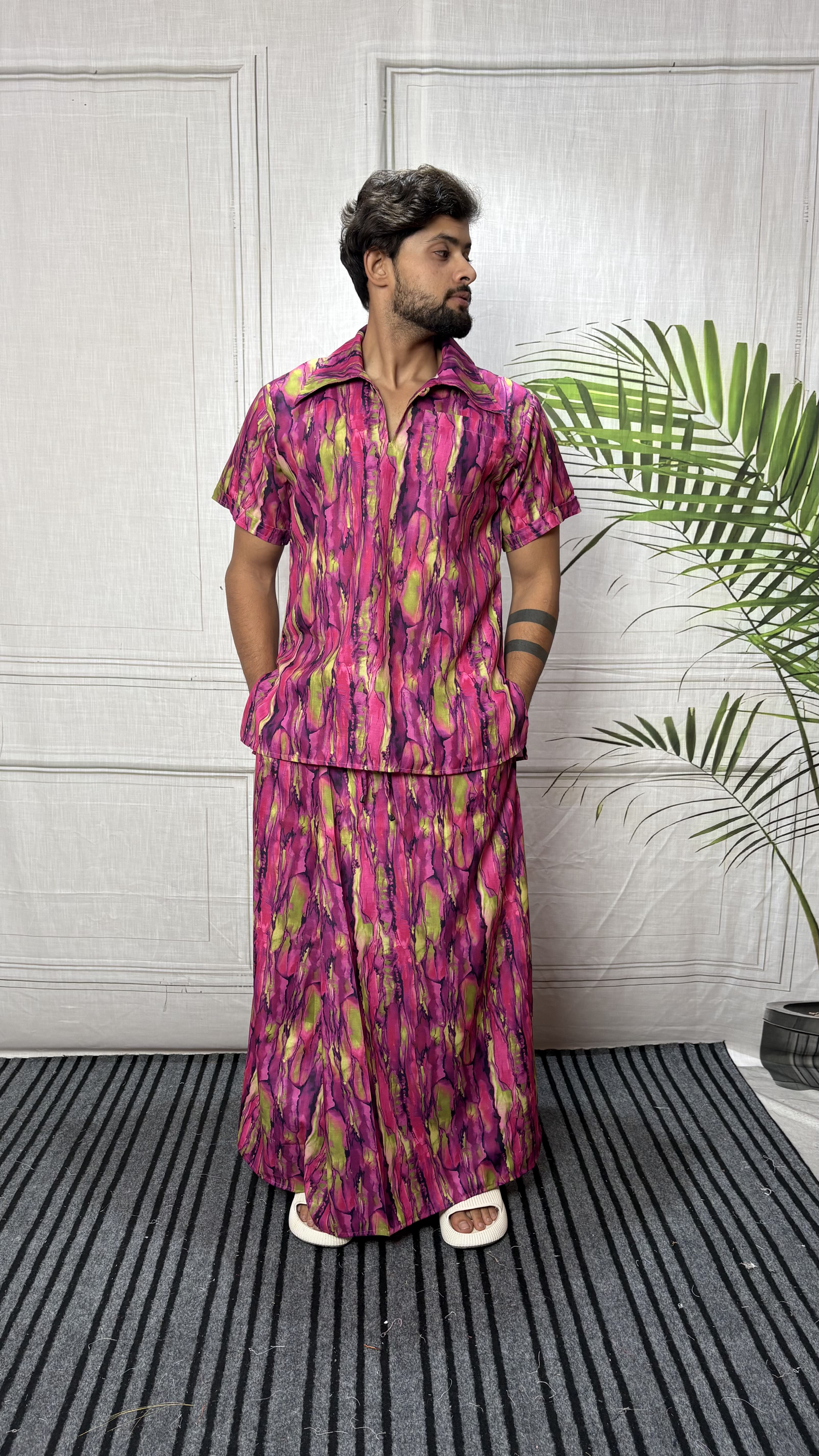 Men Marble Effect Abstract Print Shirt-Collar Kurta