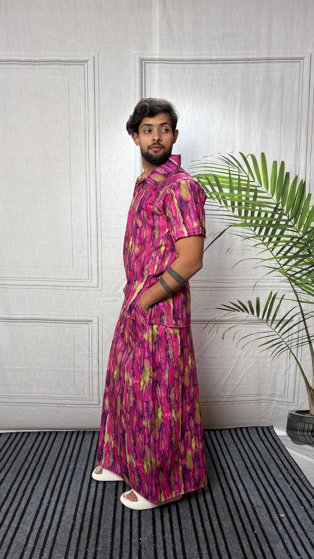 Men Marble Effect Abstract Print Shirt-Collar Kurta