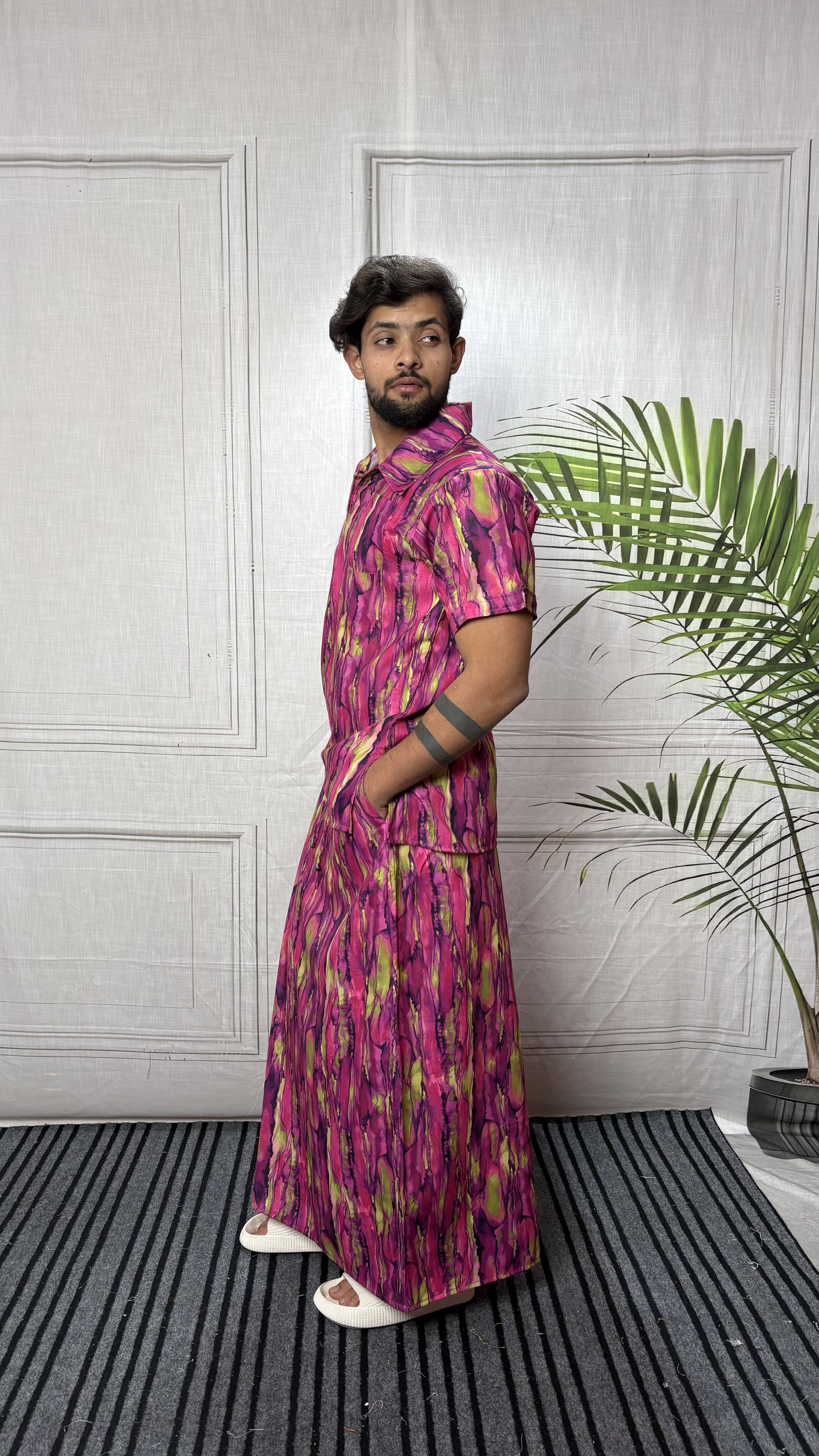 Men Marble Effect Abstract Print Shirt-Collar Kurta