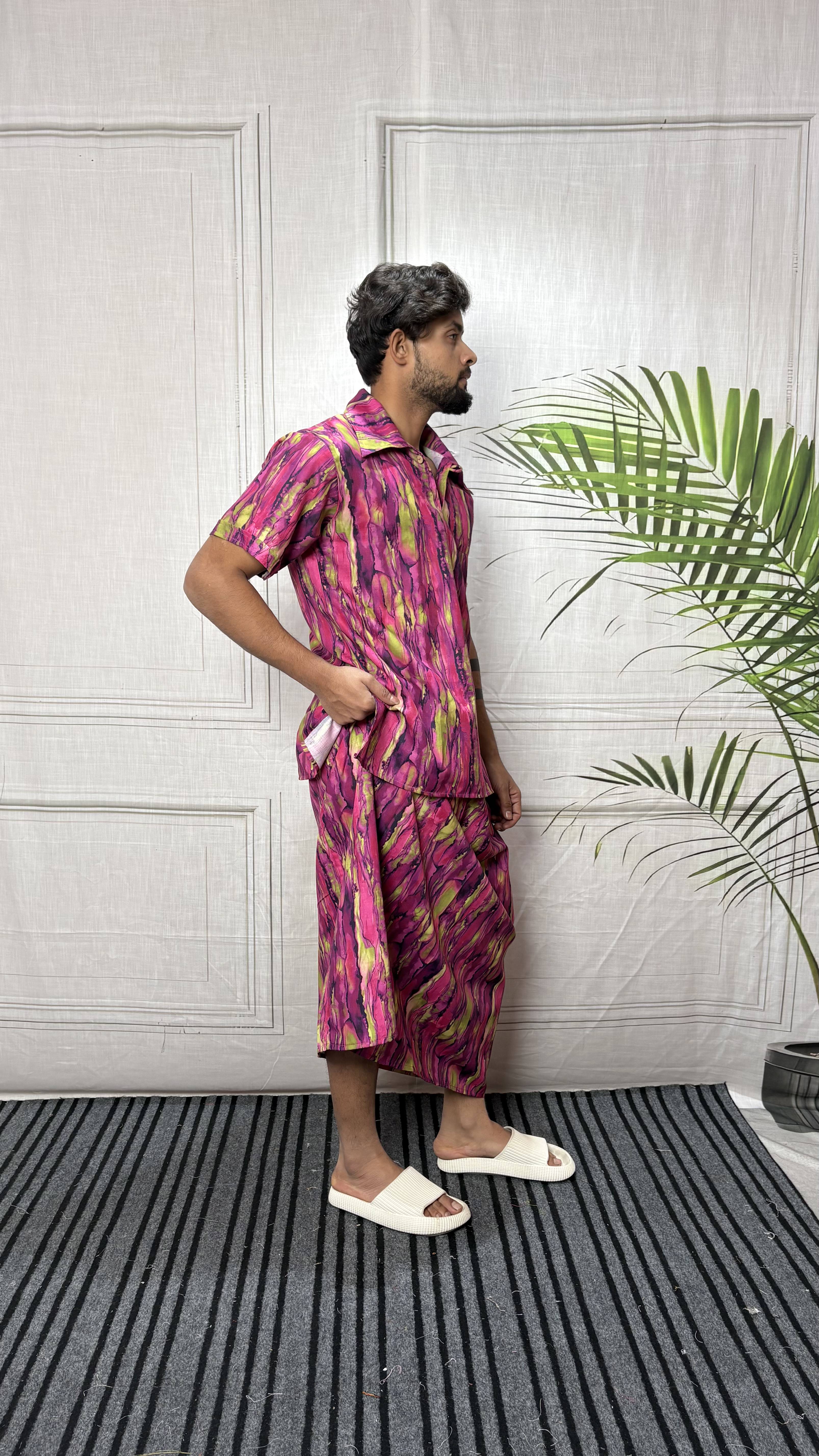 Men Marble Effect Abstract Print Shirt-Collar Kurta