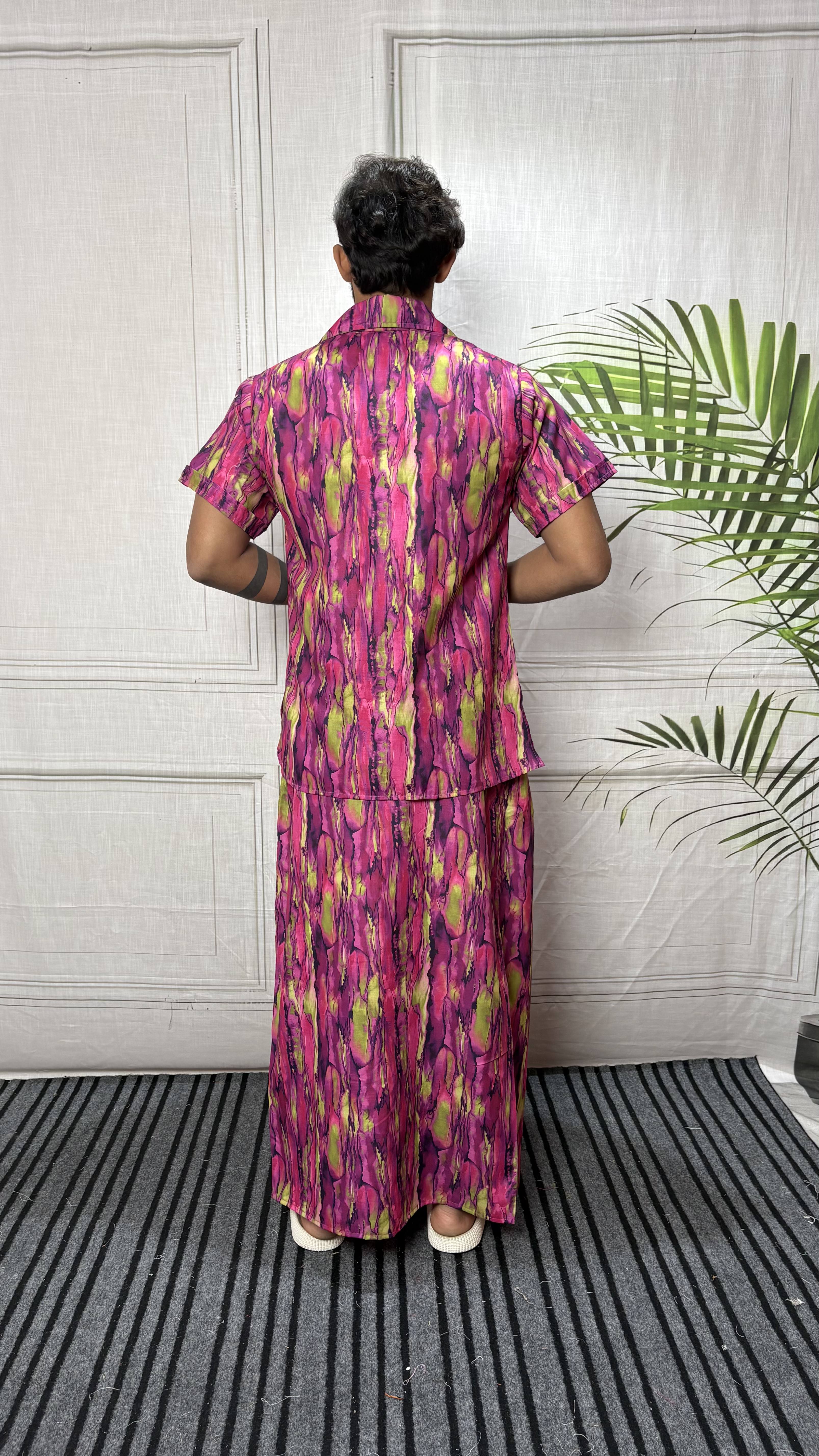 Men Marble Effect Abstract Print Shirt-Collar Kurta